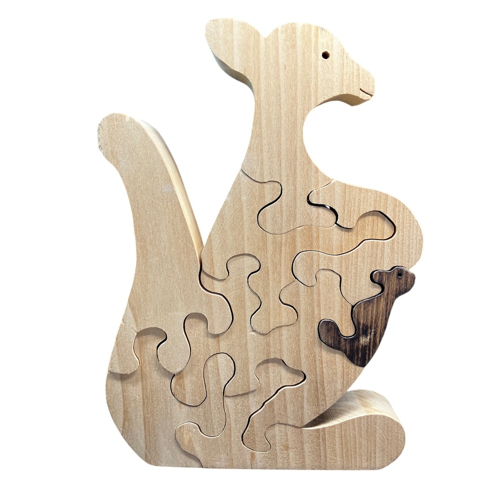 Wooden Jigsaw Puzzle Kangaroo with Joey 11.5in Natural Handcrafted Unbranded